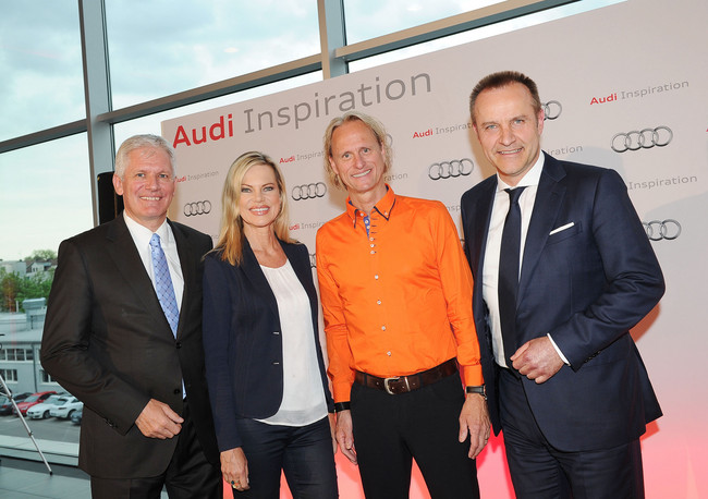 Alexander Schuhmacher (Gesamtvertriebsleiter Audi Region Süd), Moderatorin Nina Ruge, Referent Thomas Baschab, Martin Lohmann (Leiter Audi Zentrum München) - v.l.n.r.
