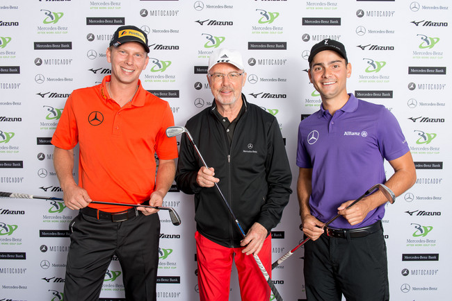 Marcel Siem, Franz Beckenbauer und Moritz Lampert (v.l.) bei der Auftaktveranstaltung des After Work Golf Cup 2014