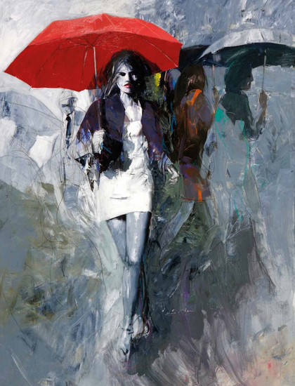 Antonio Tamburro, 2013, „Women with red Umbrella“, Acryl auf Leinwand, 100 x 150 cm, Foto oder Repro: Galerie Hegemann